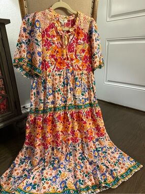 Umgee Multicolor Floral Midi Dress with Green Trim